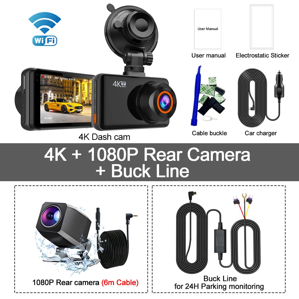 Dual Lens Dash Cam for Cars Black Box UHD 4K Car Video Recorder with WIFI Night Vision G-sensor Loop Recording Dvr Car Camera